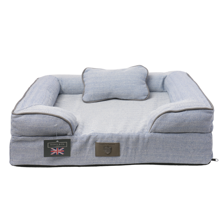 Sydney & Co - Memory Foam Pet Bed - Blue Herringbone