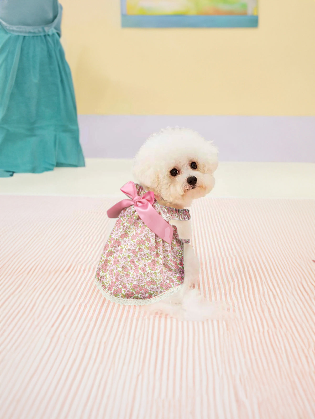 Dog Floral Satin Bow Dress