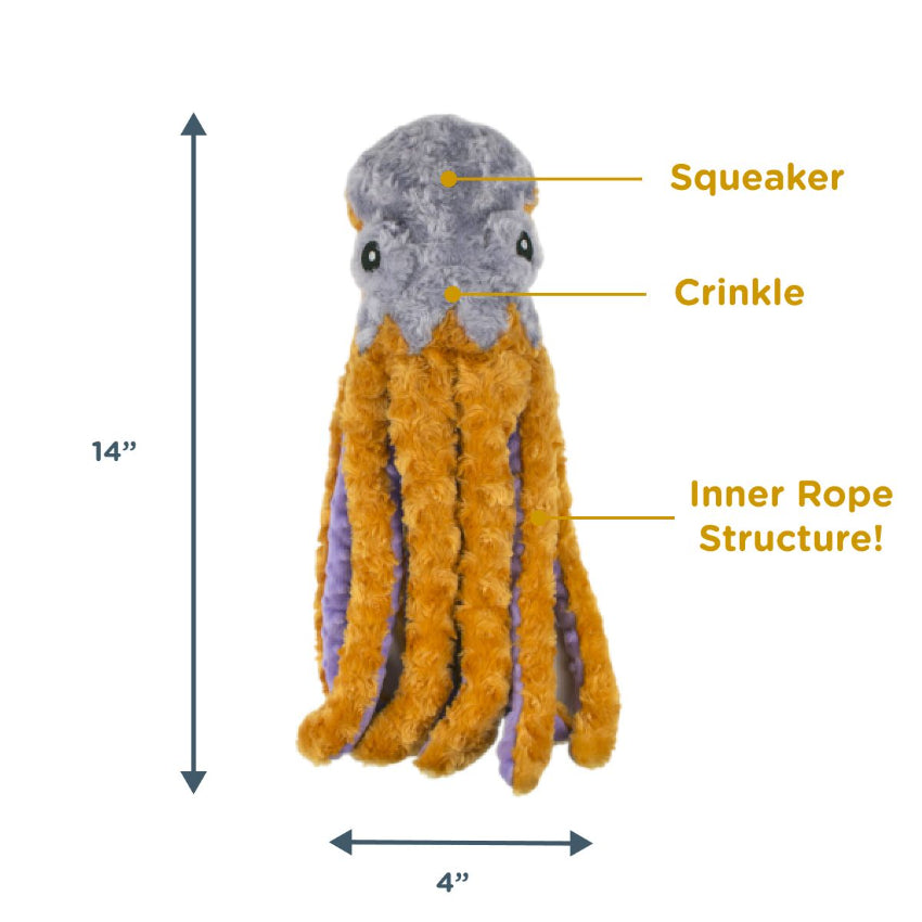 Tall Tails - Plush Toy - Octopus Squeak-Crinkle / Inner Rope Toy - 14"
