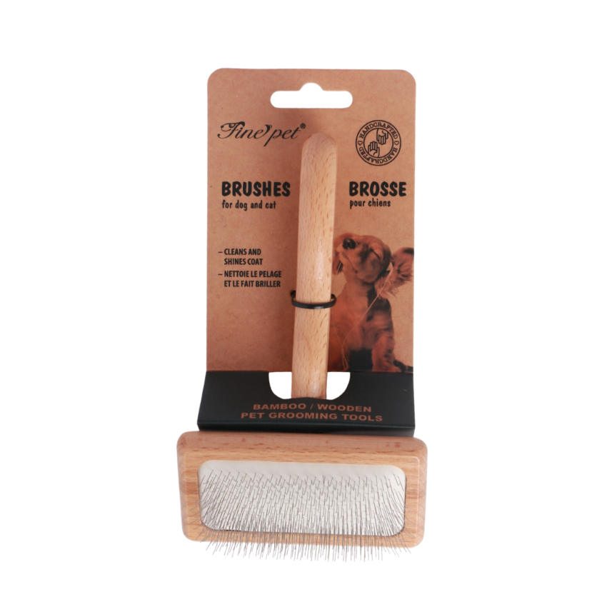 Fine Pet – Wooden Curved Handle Slicker Brush (Large)