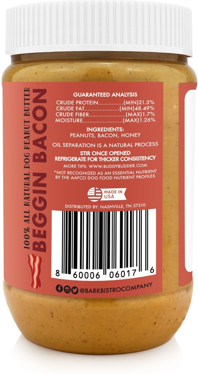 BARK BISTRO Dog Peanut Butter - Begging Bacon Buddy Budder - 17oz